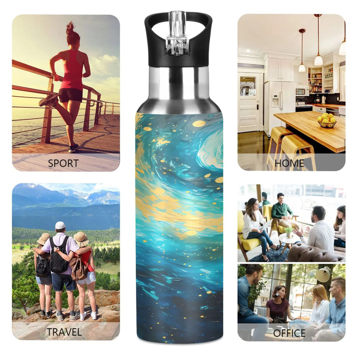 Blue and Golden Stainless Steel Insulated Water Bottle with Straw Lid G910362