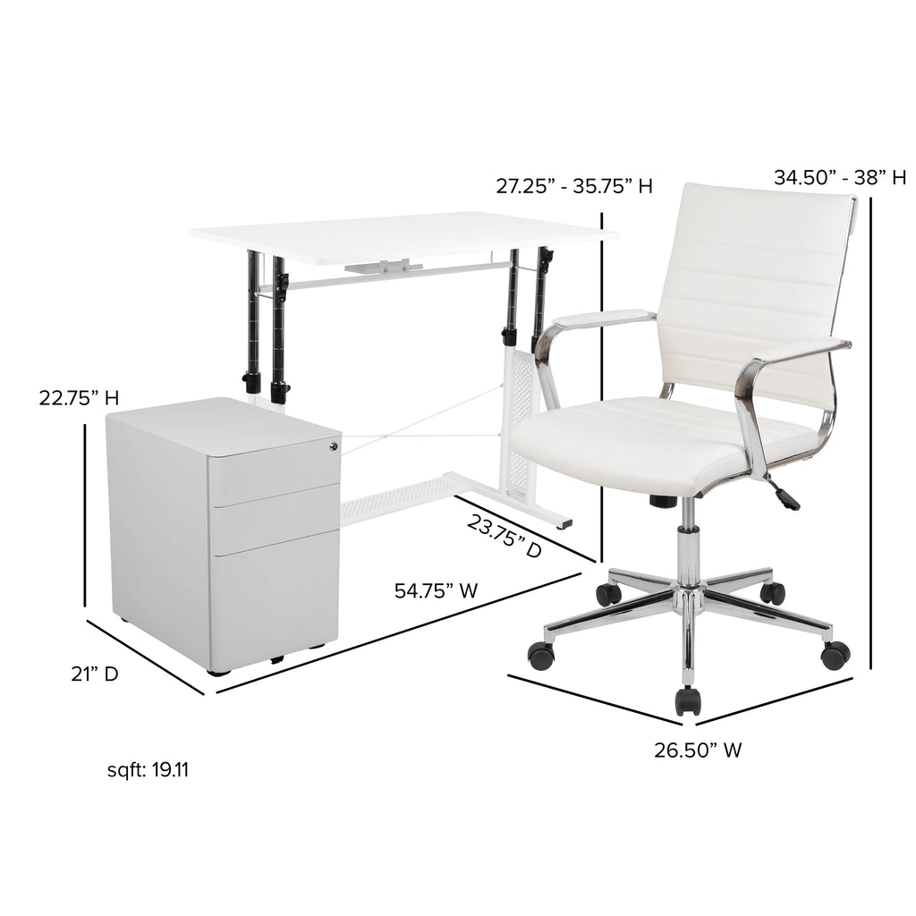 White Adjustable Computer Desk, Office Chair and Mobile Filing Cabinet K489509