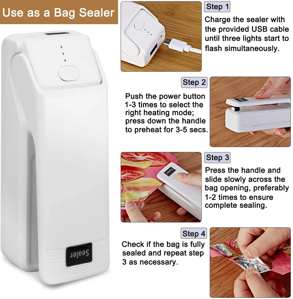 Rechargeable 4-in-1 Handheld Heat Sealer with Cutter D844