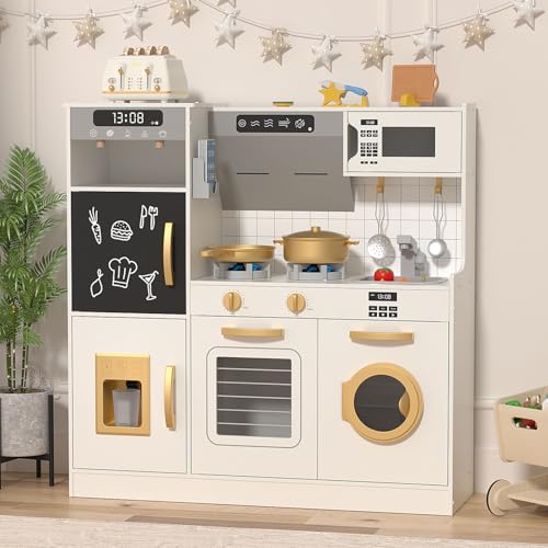Play Kitchen with Lights & Sounds, 28 Pcs Toy Food & Cookware D21587