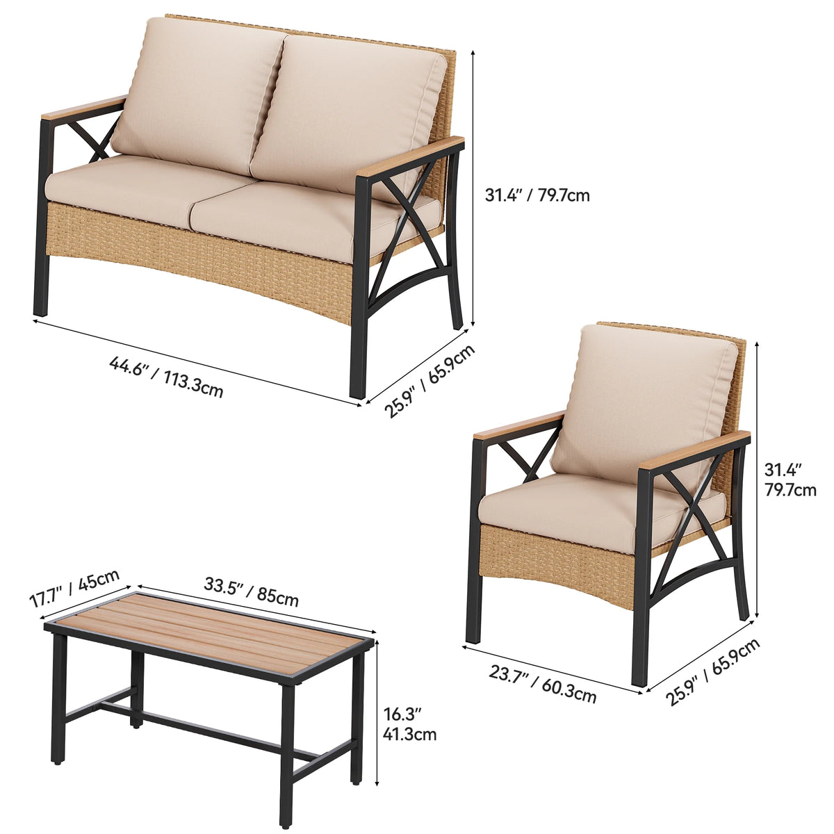 4-Piece All-Weather Patio Furniture Set with Wood Armrests and Rattan Design, Light Brown+Beige H6028