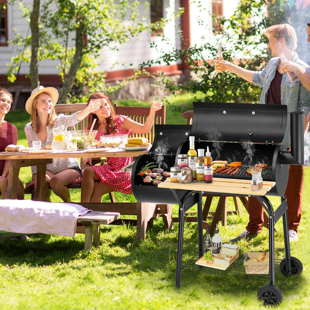Charcoal Grill, 45.28-Inch Portable Offset Smoker with Wheels & Thermometer Z327