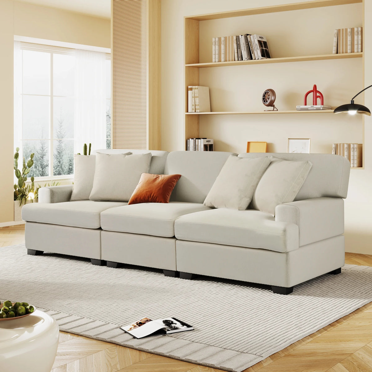 Beige Linen 3 Seater Sofa with 4 Pillows H6738