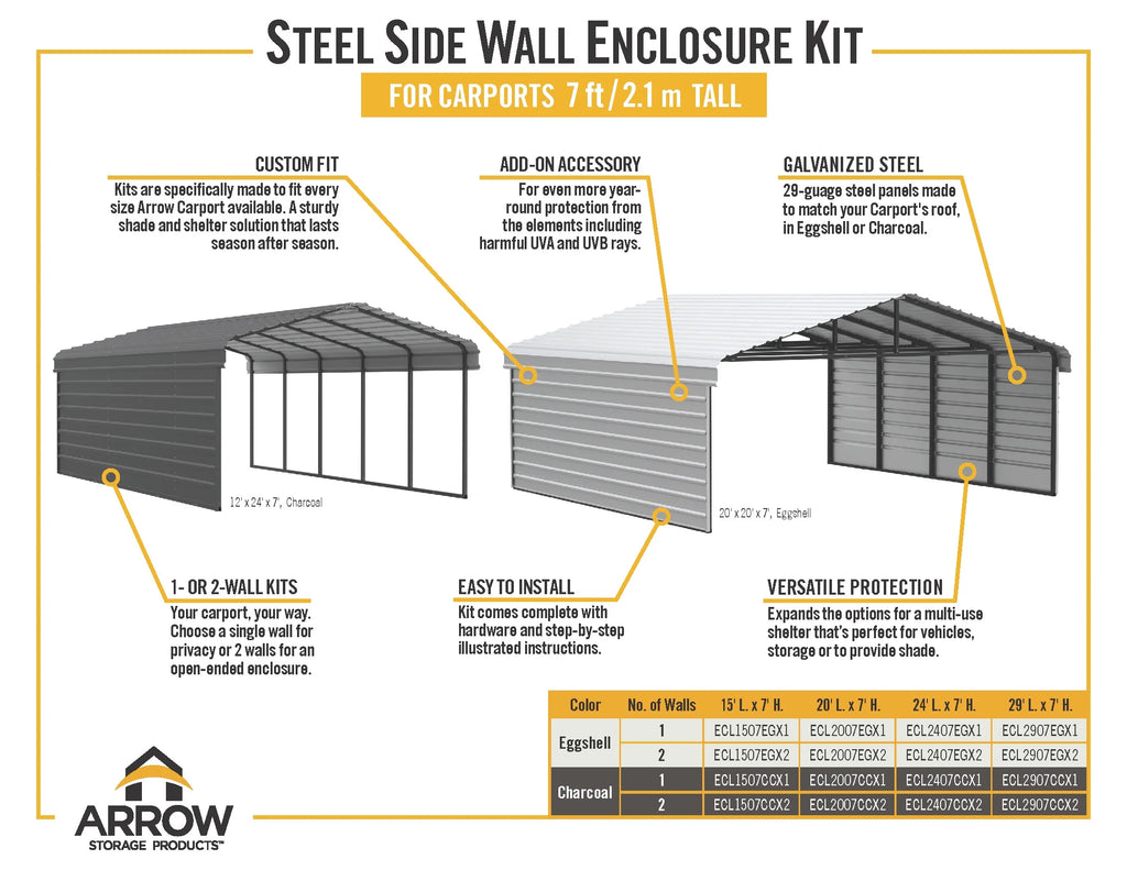 Galvanized Steel Carport Kit, 12' x 20' x 7' D558973