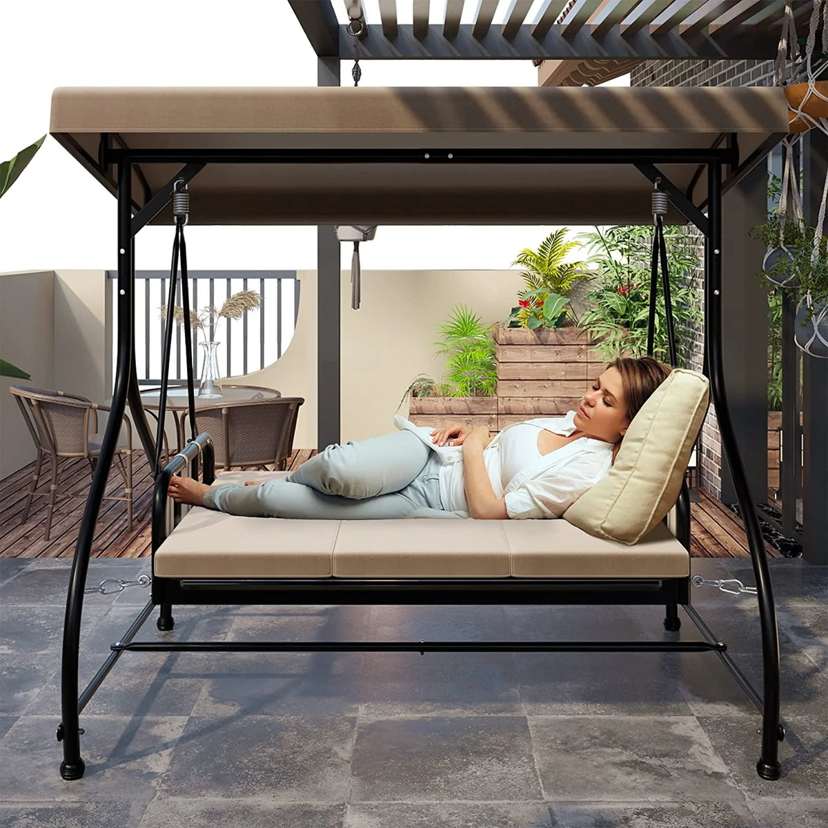 3 Person Outdoor Swing Chair with Adjustable Canopy W33023