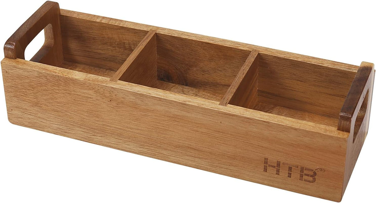 Acacia Wood Tea Bag Box with Handle, 3 Compartments V380