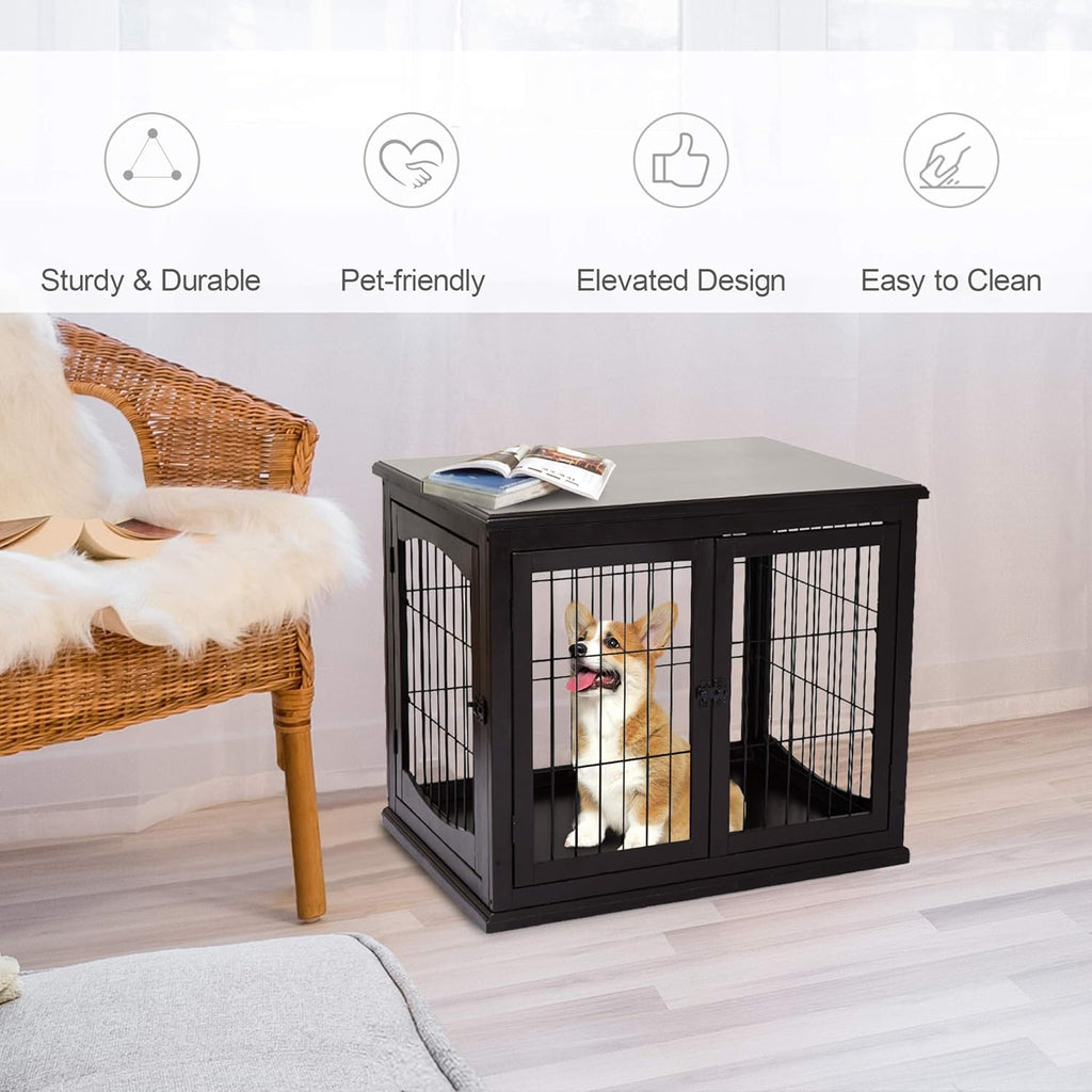 26'' Wooden Dog Cage Pet Crate Kennel with Double Door, Dark Brown C26351