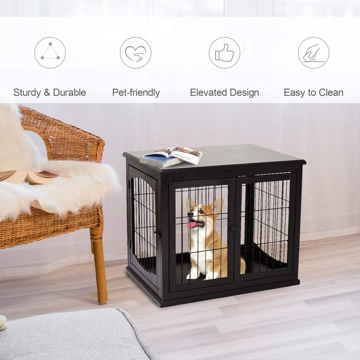 26'' Wooden Dog Cage Pet Crate Kennel with Double Door, Dark Brown C26351