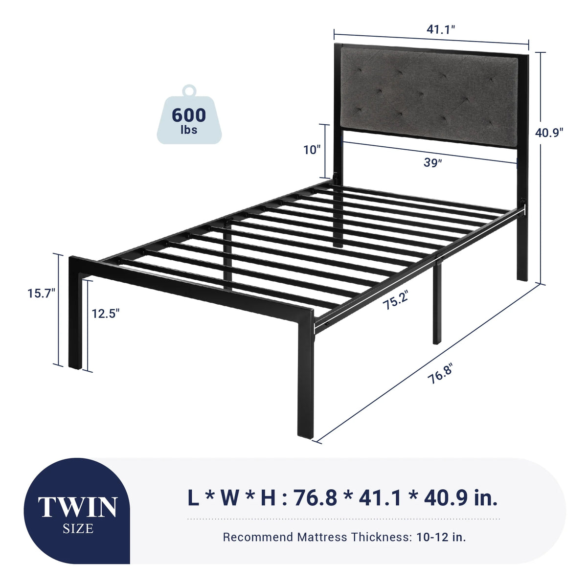 Twin Size Metal Platform Bed Frame with Fabric Headboard Y689