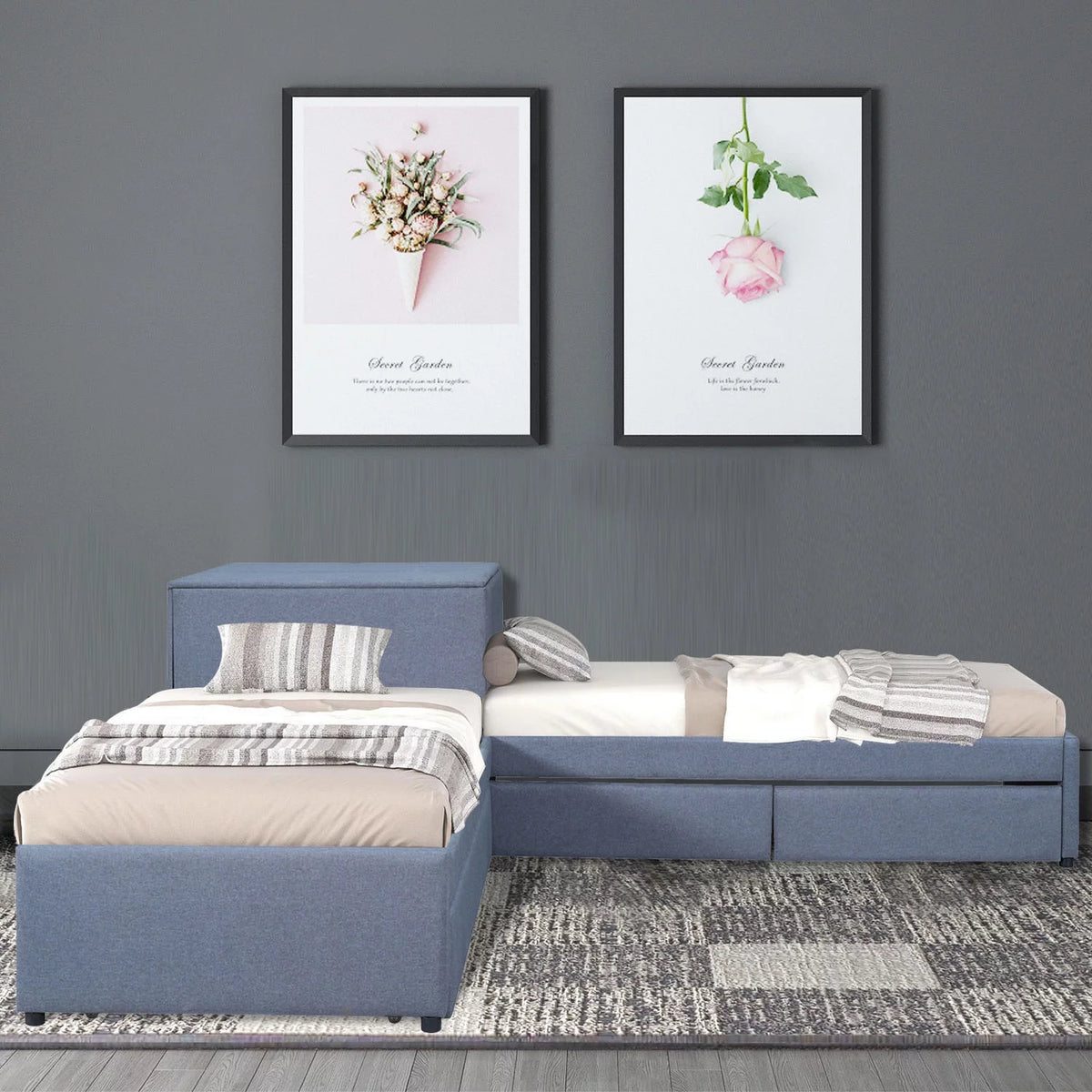 Grey L Shaped Platform Bed with Two Drawers and Built-in Desk R9361