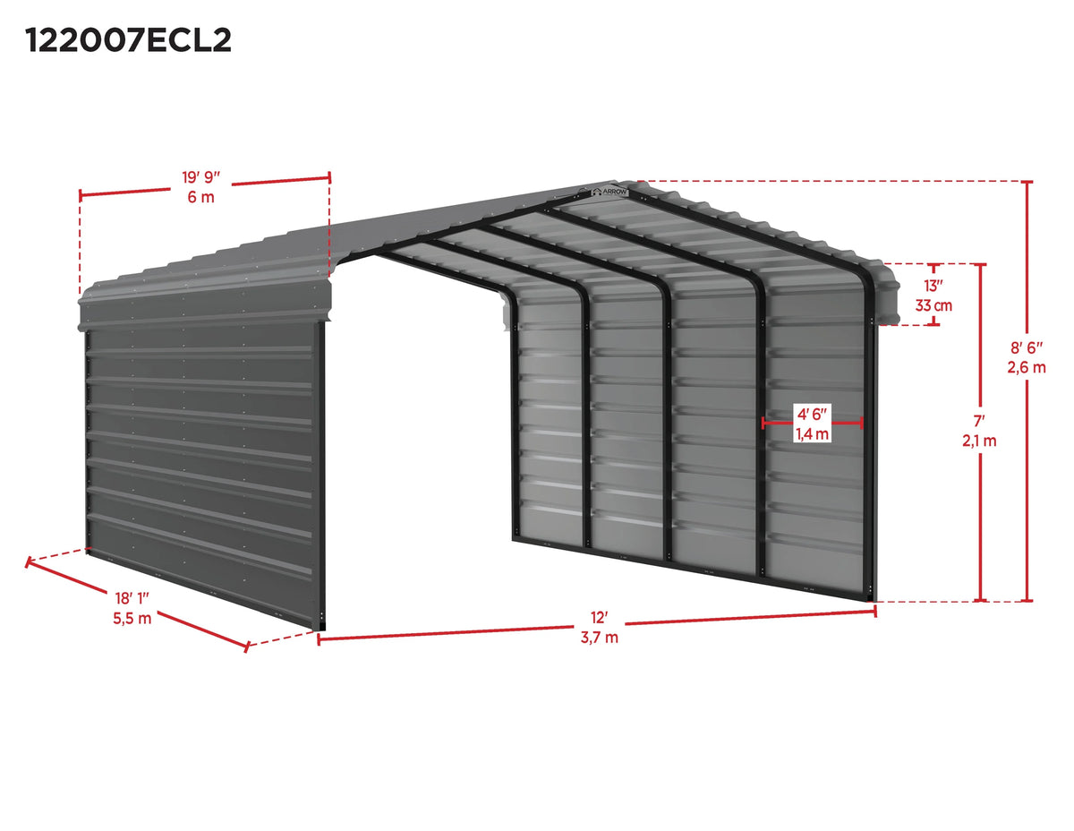 Galvanized Steel Carport Kit, 12' x 20' x 7' D558973
