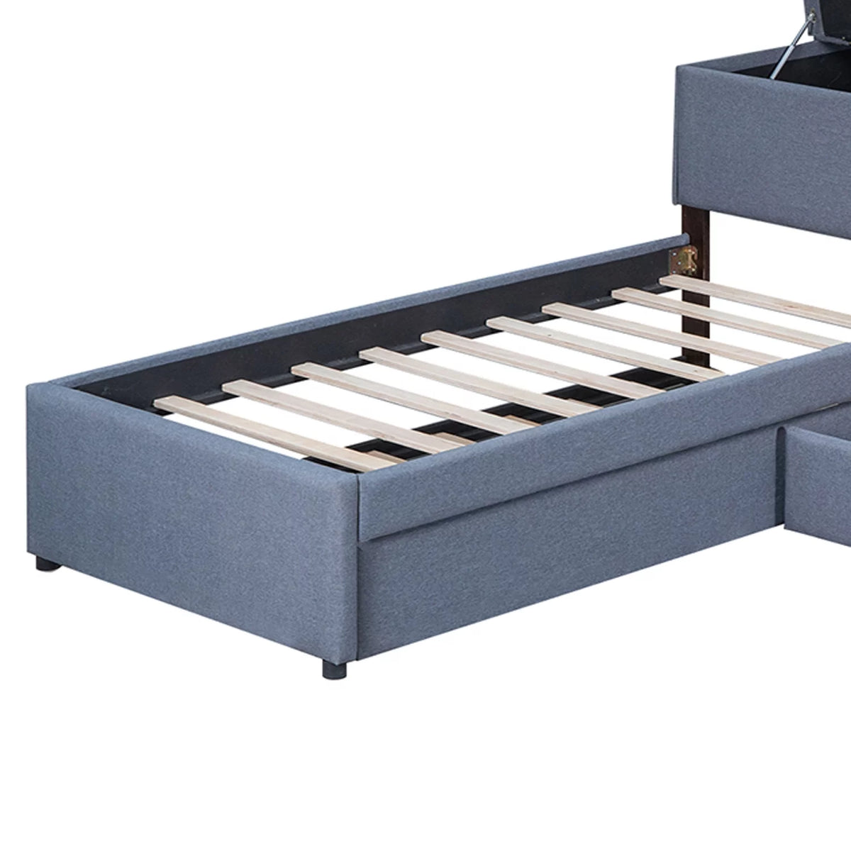 Grey L Shaped Platform Bed with Two Drawers and Built-in Desk R9361