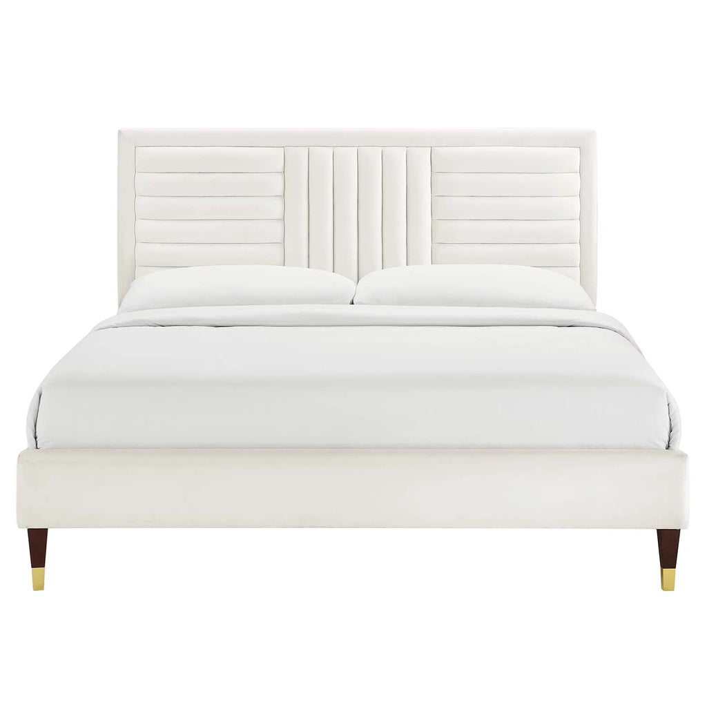White Channel Tufted Performance Velvet King Platform Bed F588477