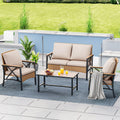 4-Piece All-Weather Patio Furniture Set with Wood Armrests and Rattan Design, Light Brown+Beige H6028