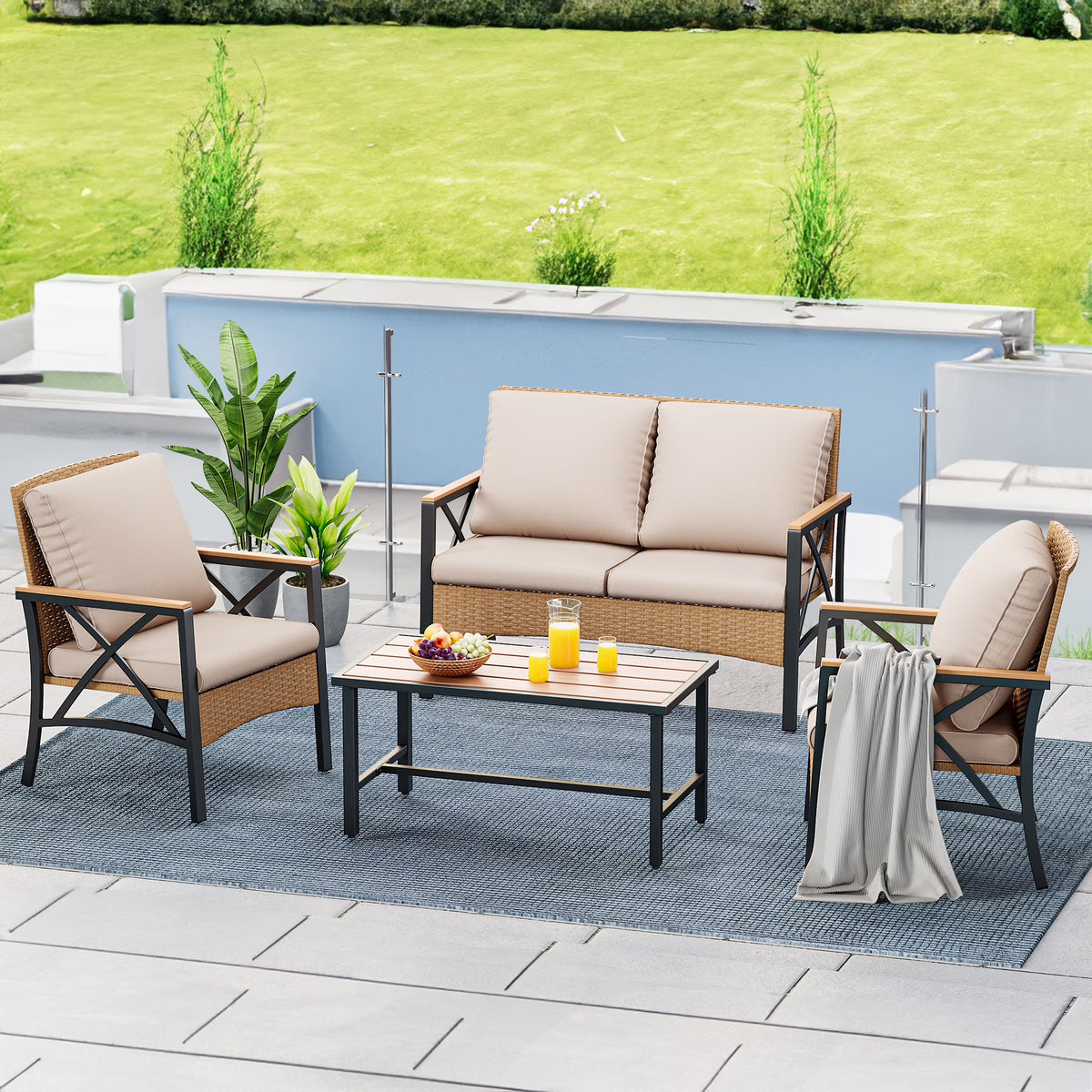 4-Piece All-Weather Patio Furniture Set with Wood Armrests and Rattan Design, Light Brown+Beige H6028