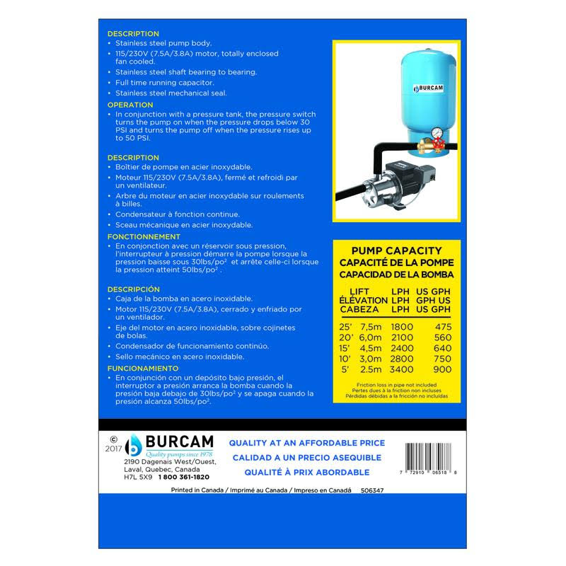 3/4 HP Stainless Steel Shallow Well Jet Pump Z11527