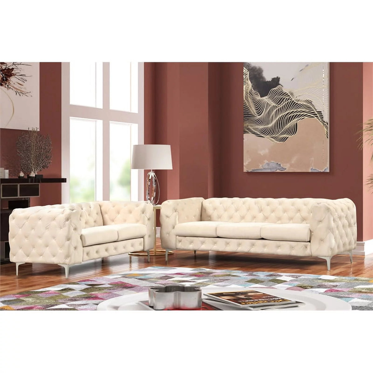 2-Piece Button Tufted Velvet Sofa Set Beige R489
