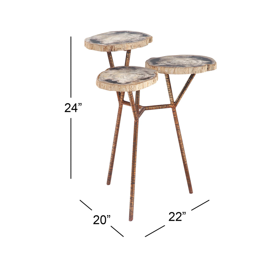 Bronze Petrified Stone 3 Tier Accent Table with Gold Base U70140
