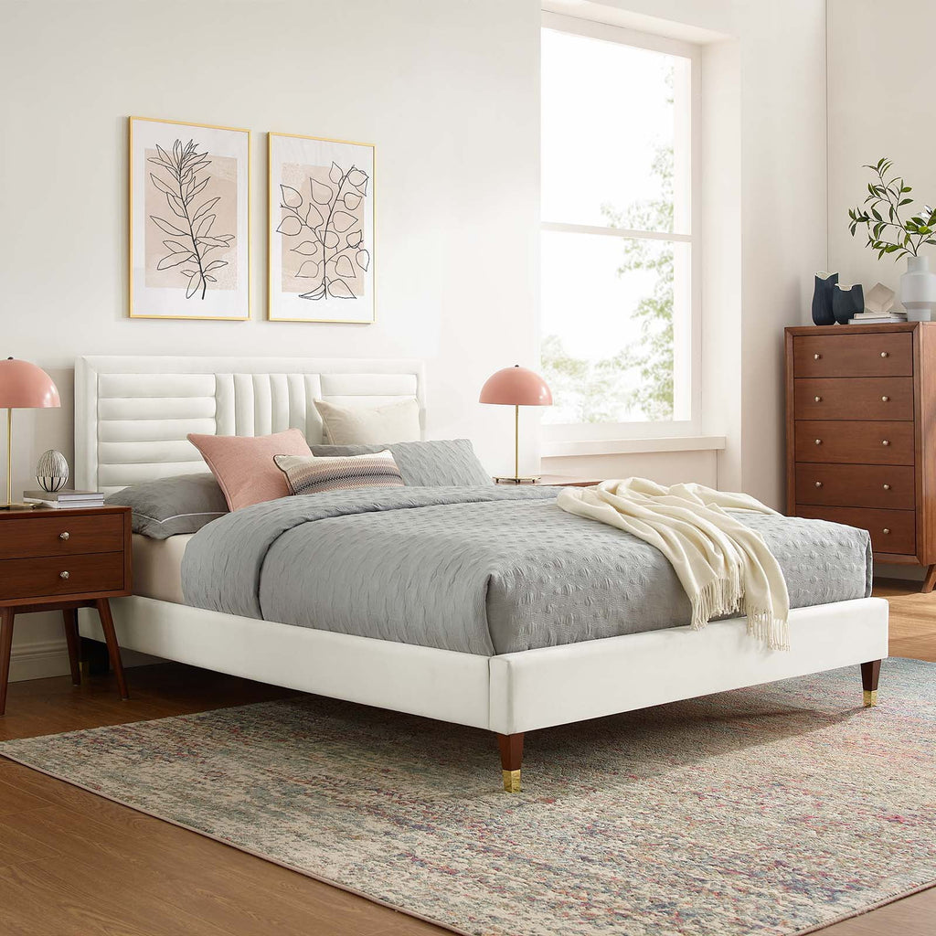 White Channel Tufted Performance Velvet King Platform Bed F588477