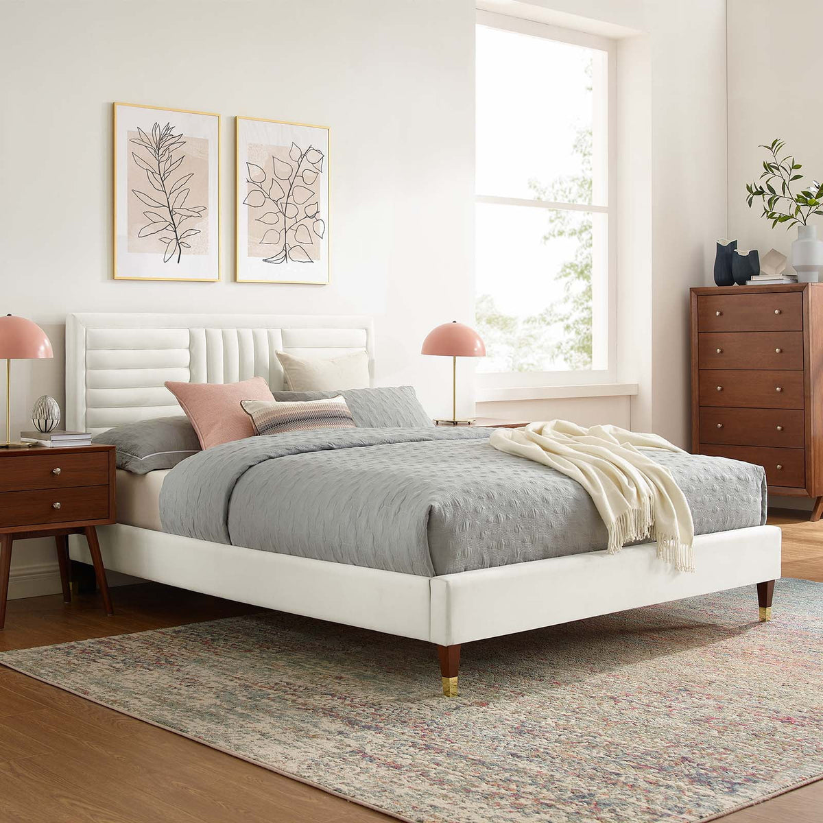 White Channel Tufted Performance Velvet King Platform Bed F588477
