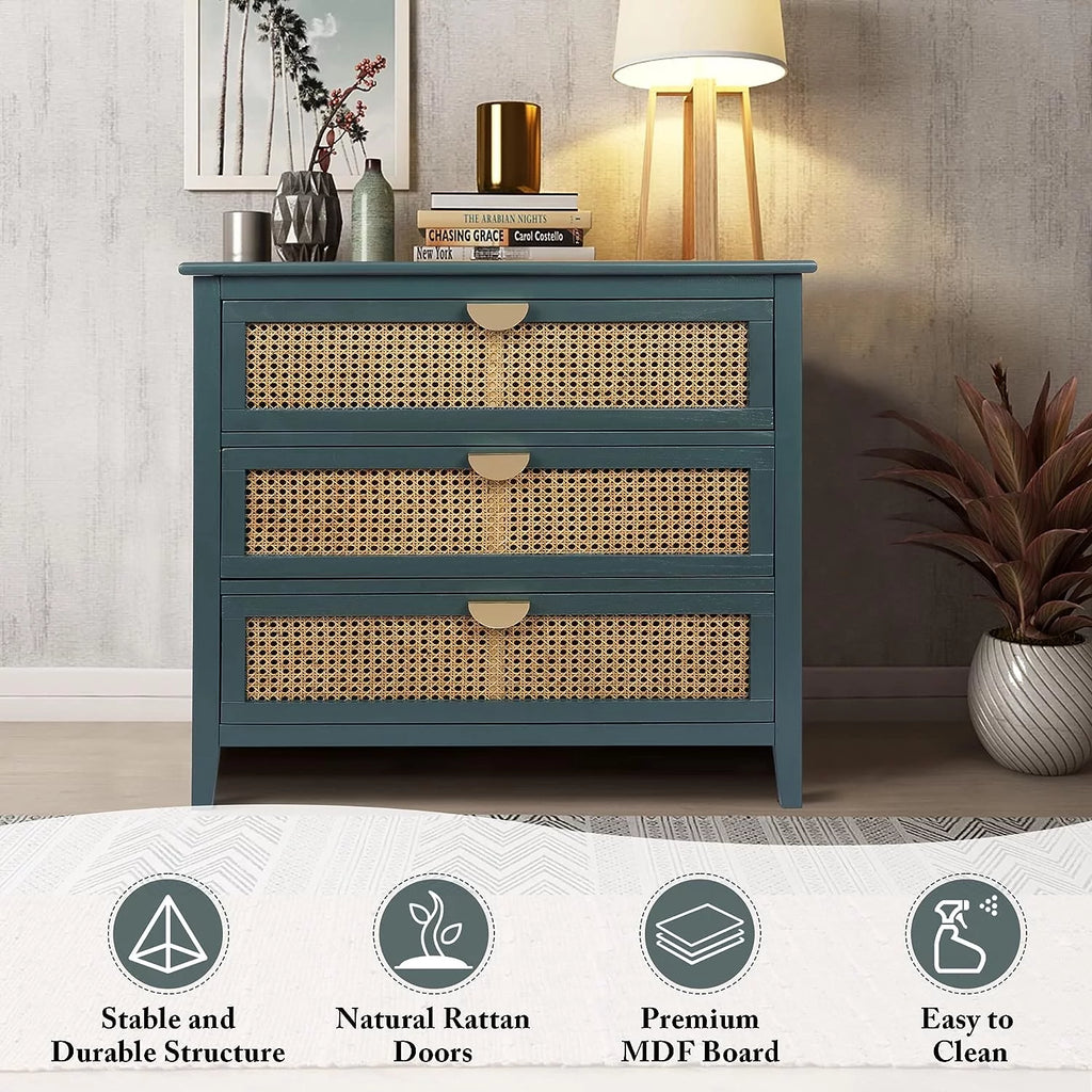 3 Drawer Rattan Dresser with Golden Metal Handles T4174