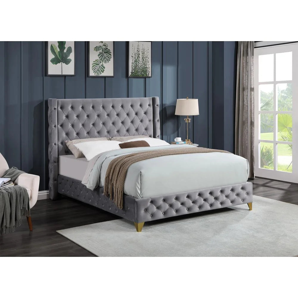 King Platform Bed with Tufted Velvet Upholstery in Gray F737249