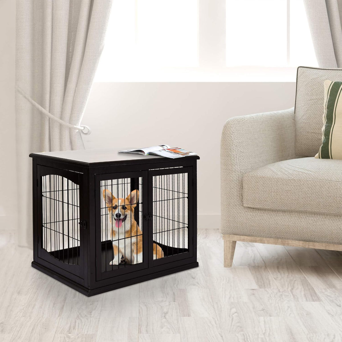 26'' Wooden Dog Cage Pet Crate Kennel with Double Door, Dark Brown C26351