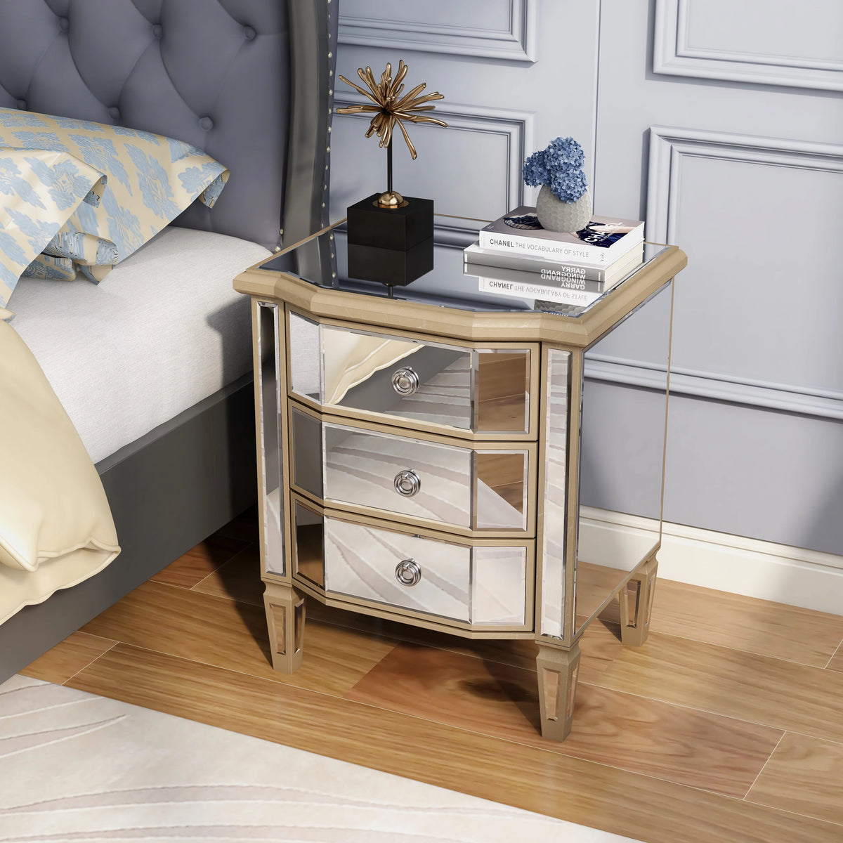 Glass 3 Drawers Vintage Nightstand Q622