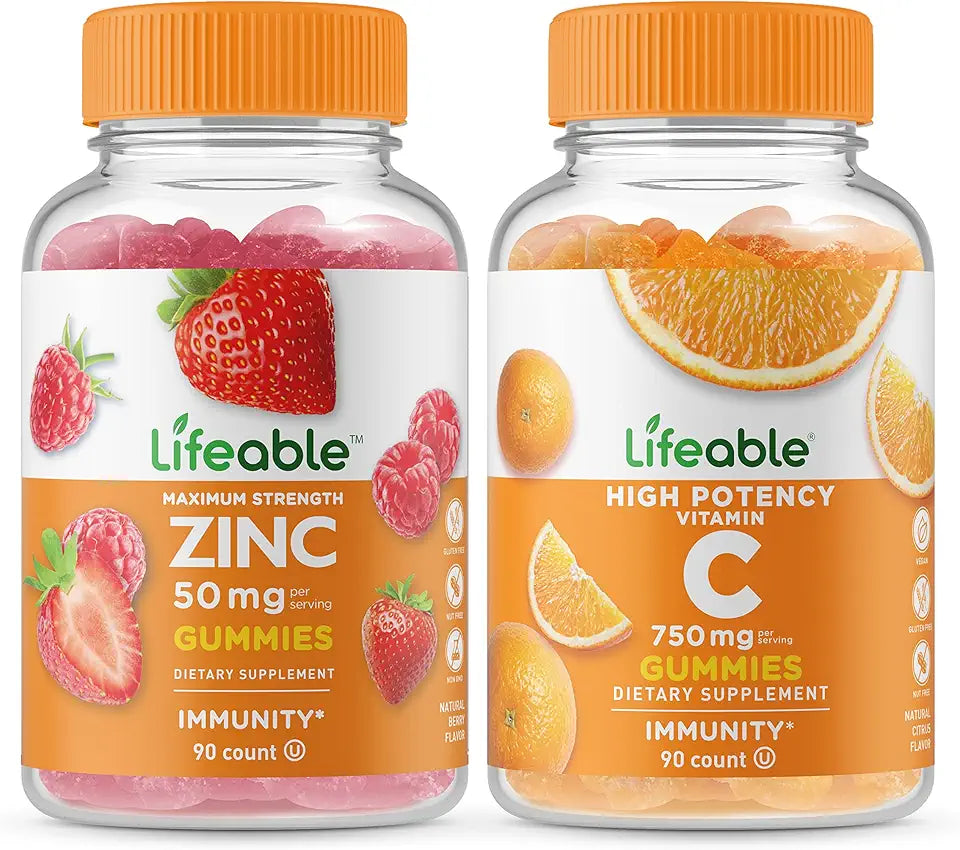 Zinc 50mg Vitamin C 750mg Gummies Bundle Chewable Gluten Free Vitamin Supplement S9075
