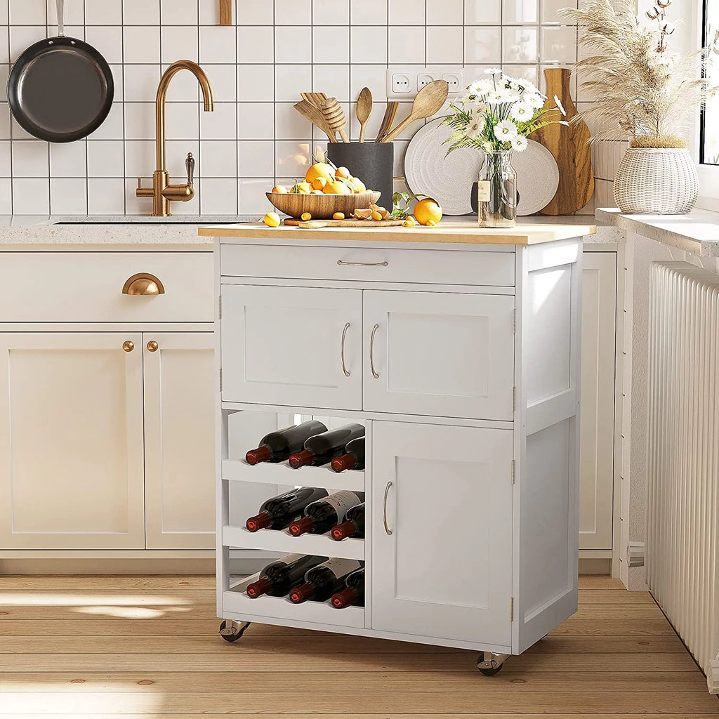 Rolling Kitchen Island with 9-Bottle Wine Rack and Drawer, White L281658
