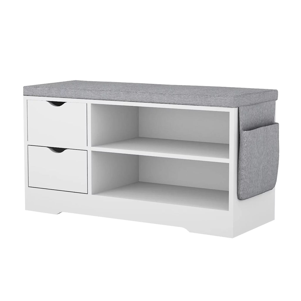 White 2-Tier Shoe Storage Bench with Drawer and Cushion P22550