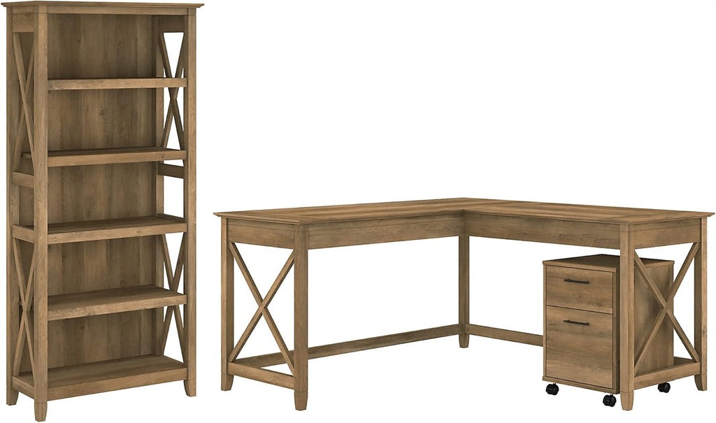 L Shaped Desk with 2 Drawer Mobile File Cabinet and 5 Shelf Bookcase, Dark Gray Hickory D138393