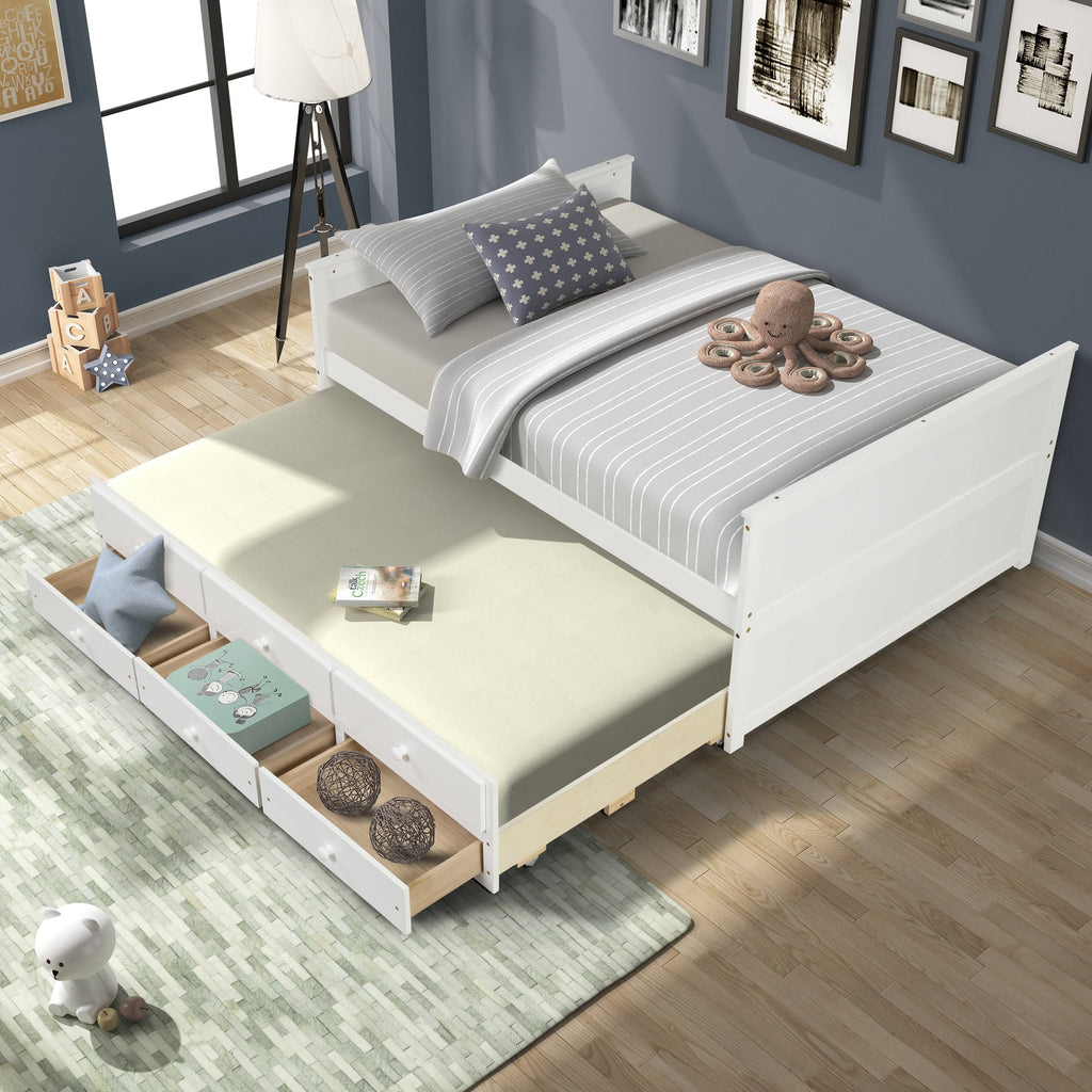 White Full Captain Bed with Twin Trundle and 3 Drawers W9306