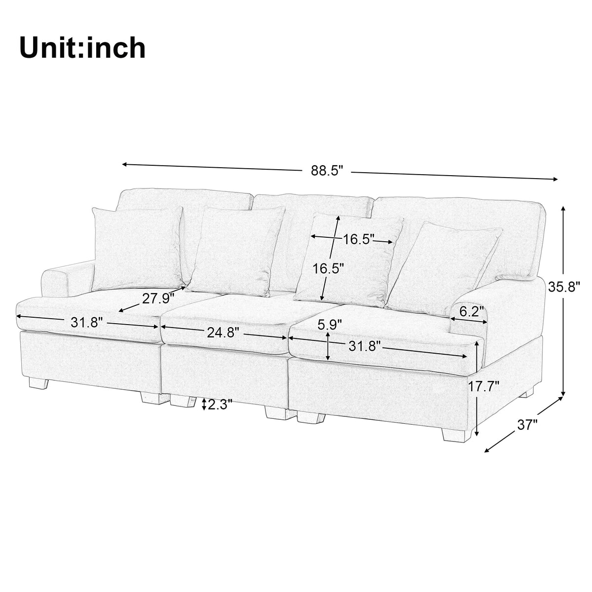 Beige Linen 3 Seater Sofa with 4 Pillows H6738