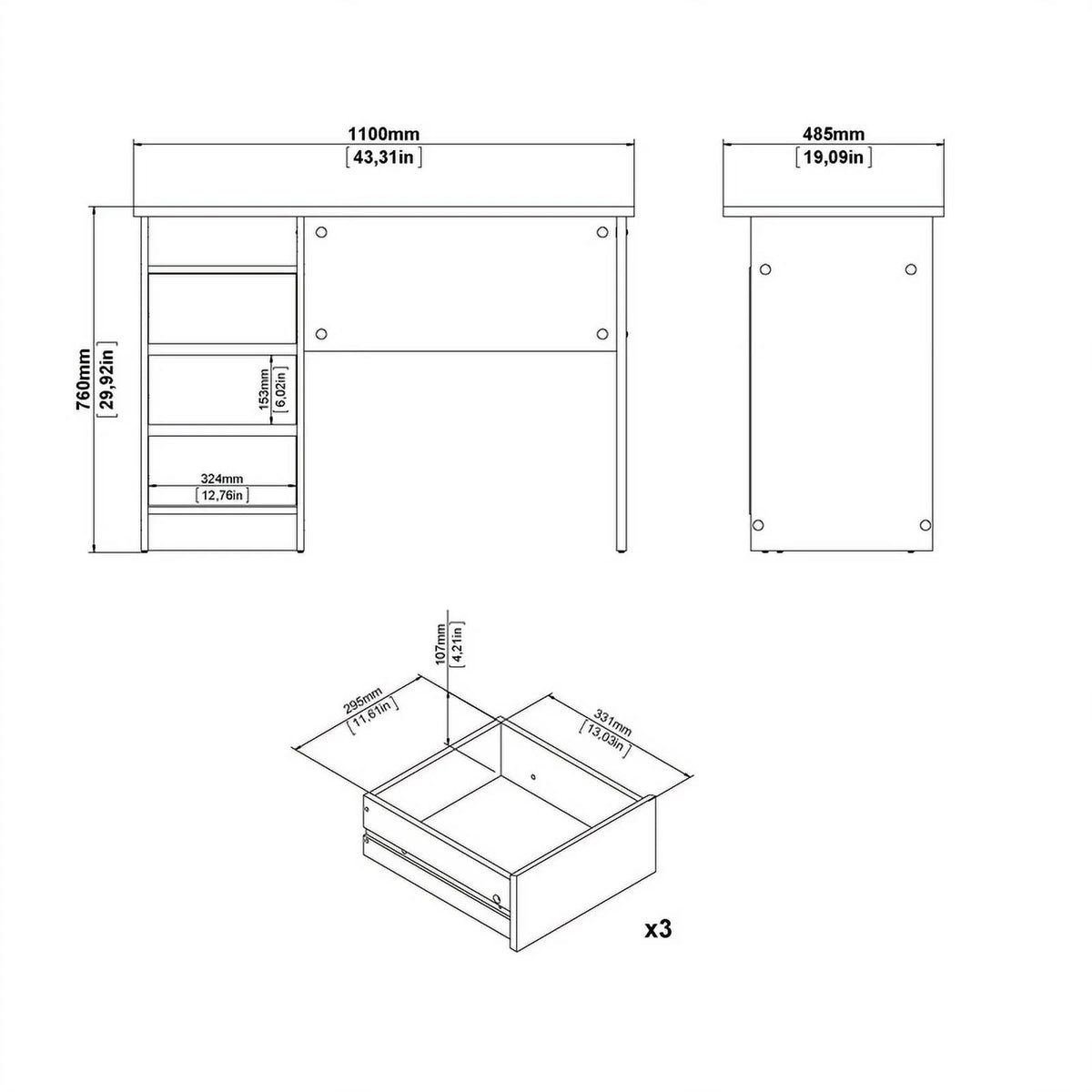 White Writing Desk with 3 Storage Drawers and Open Shelf B7683