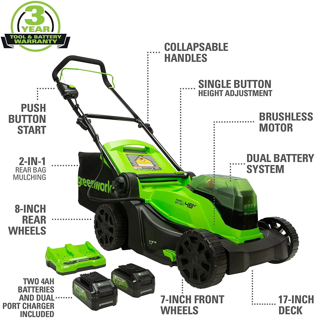 48V 17 Battery-Powered Push Lawn Mower with 2 x 24V 4Ah Batteries F46345