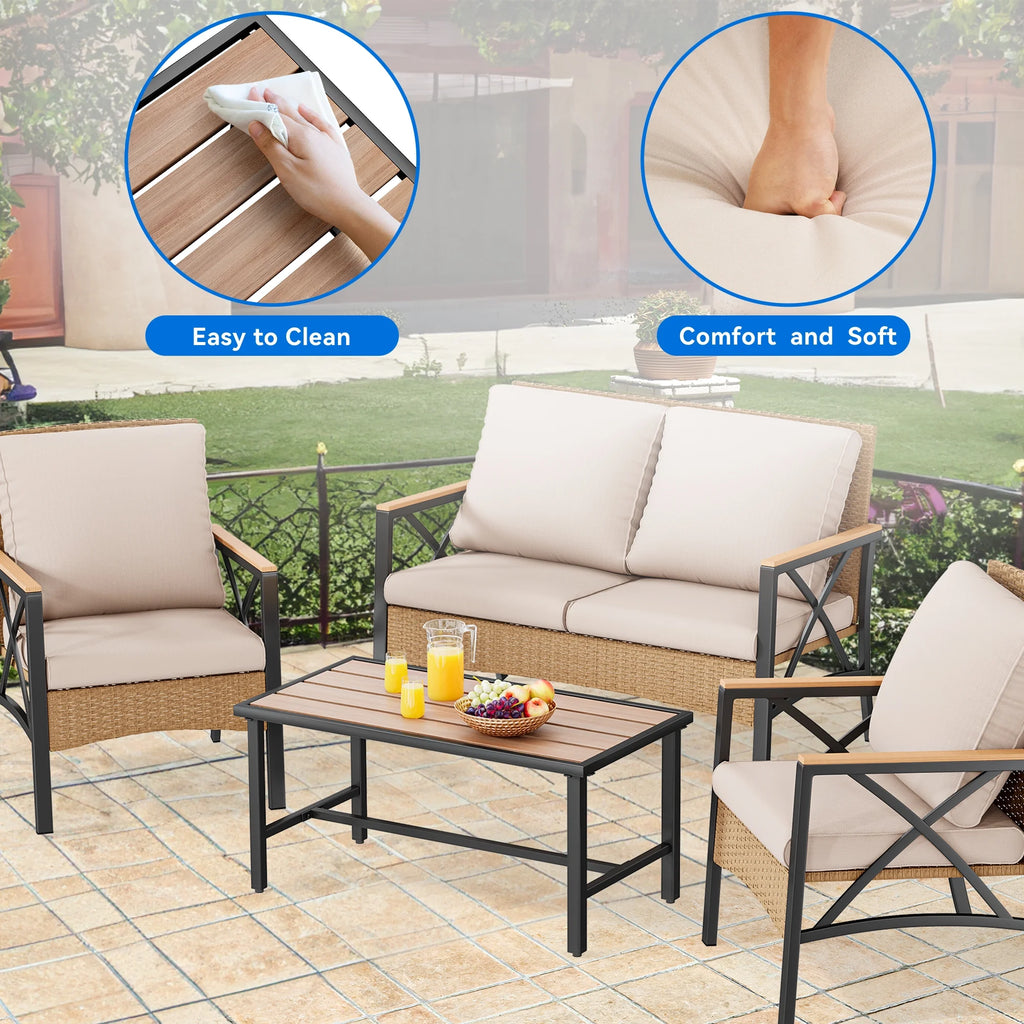 4-Piece All-Weather Patio Furniture Set with Wood Armrests and Rattan Design, Light Brown+Beige H6028