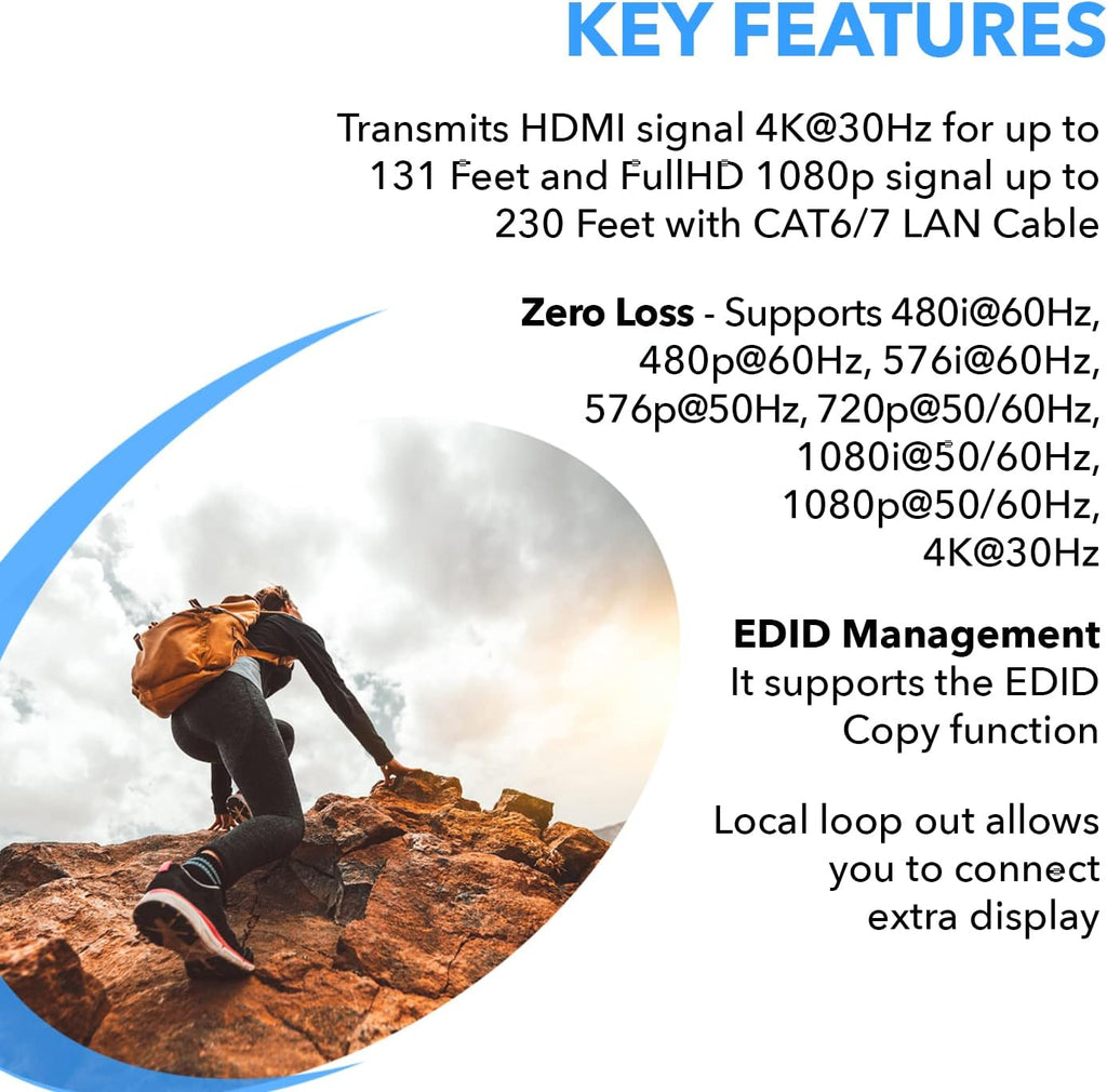 4K HDMI Over CAT6/CAT7 Extender RJ45 4K@30Hz Upto 130 Ft 1080P Upto 230 FT Full HD POC Transmitter & Receiver IR Loop Out R8117
