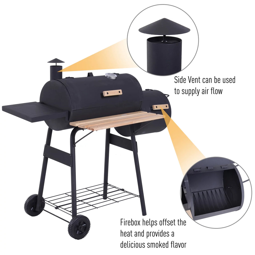 48" Steel Portable Charcoal BBQ Grill and Offset Smoker Combo with Wheels W67154