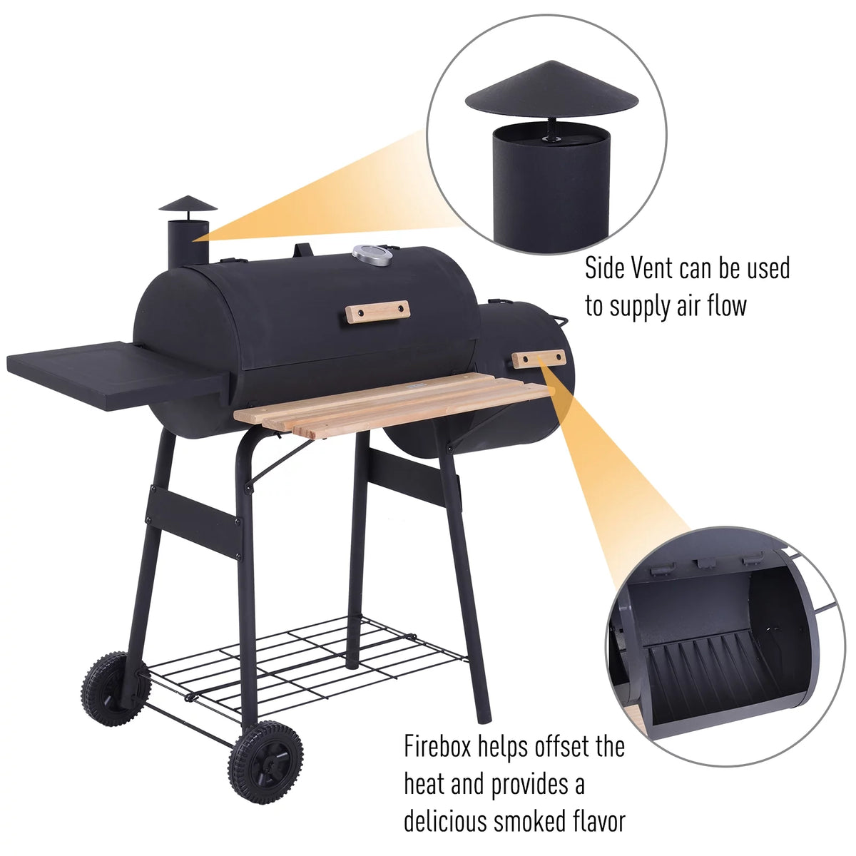 48" Steel Portable Charcoal BBQ Grill and Offset Smoker Combo with Wheels W67154