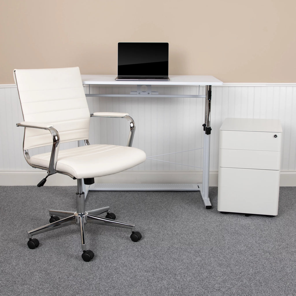 White Adjustable Computer Desk, Office Chair and Mobile Filing Cabinet K489509
