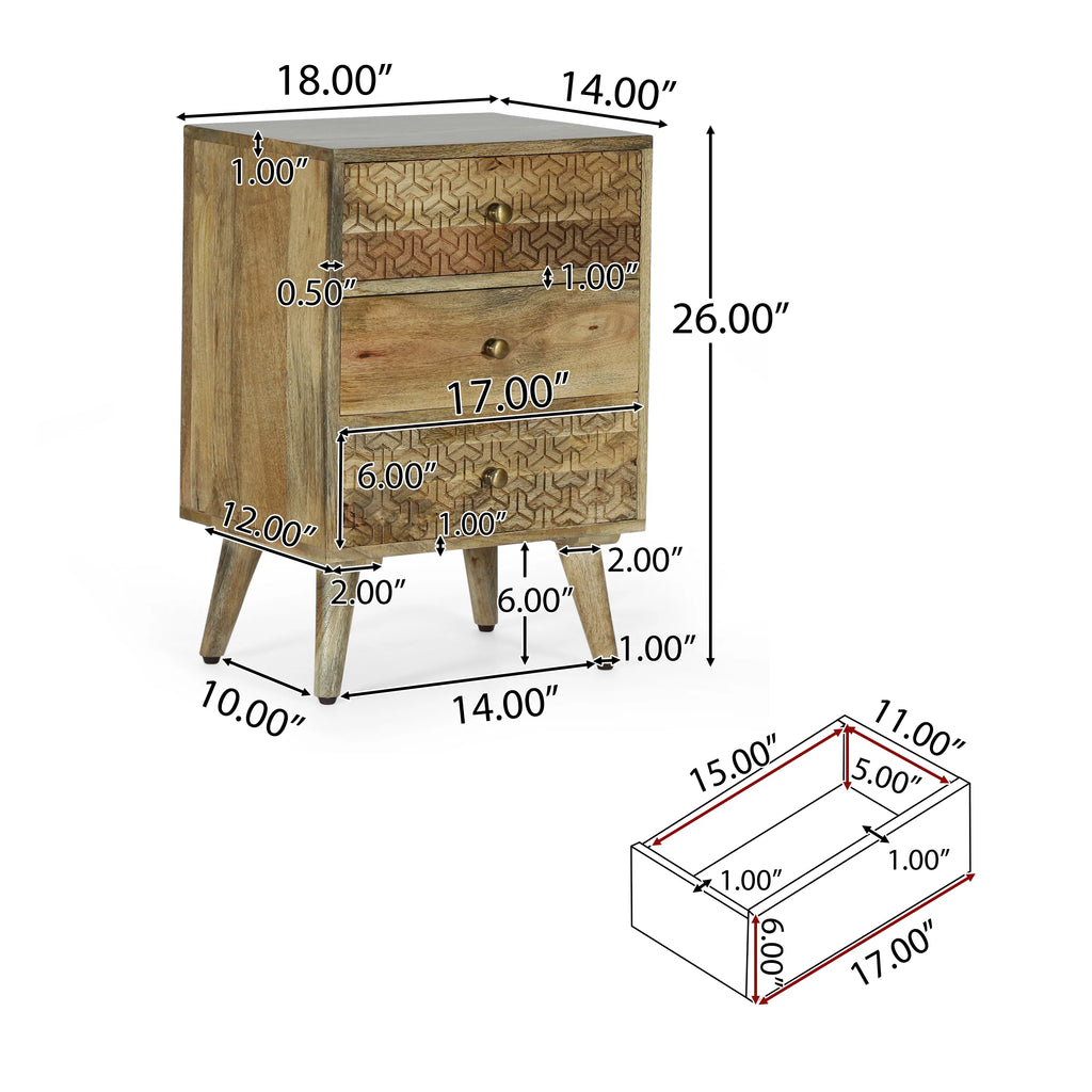 Handmade Mango Wood 3 Drawer Nightstand U466