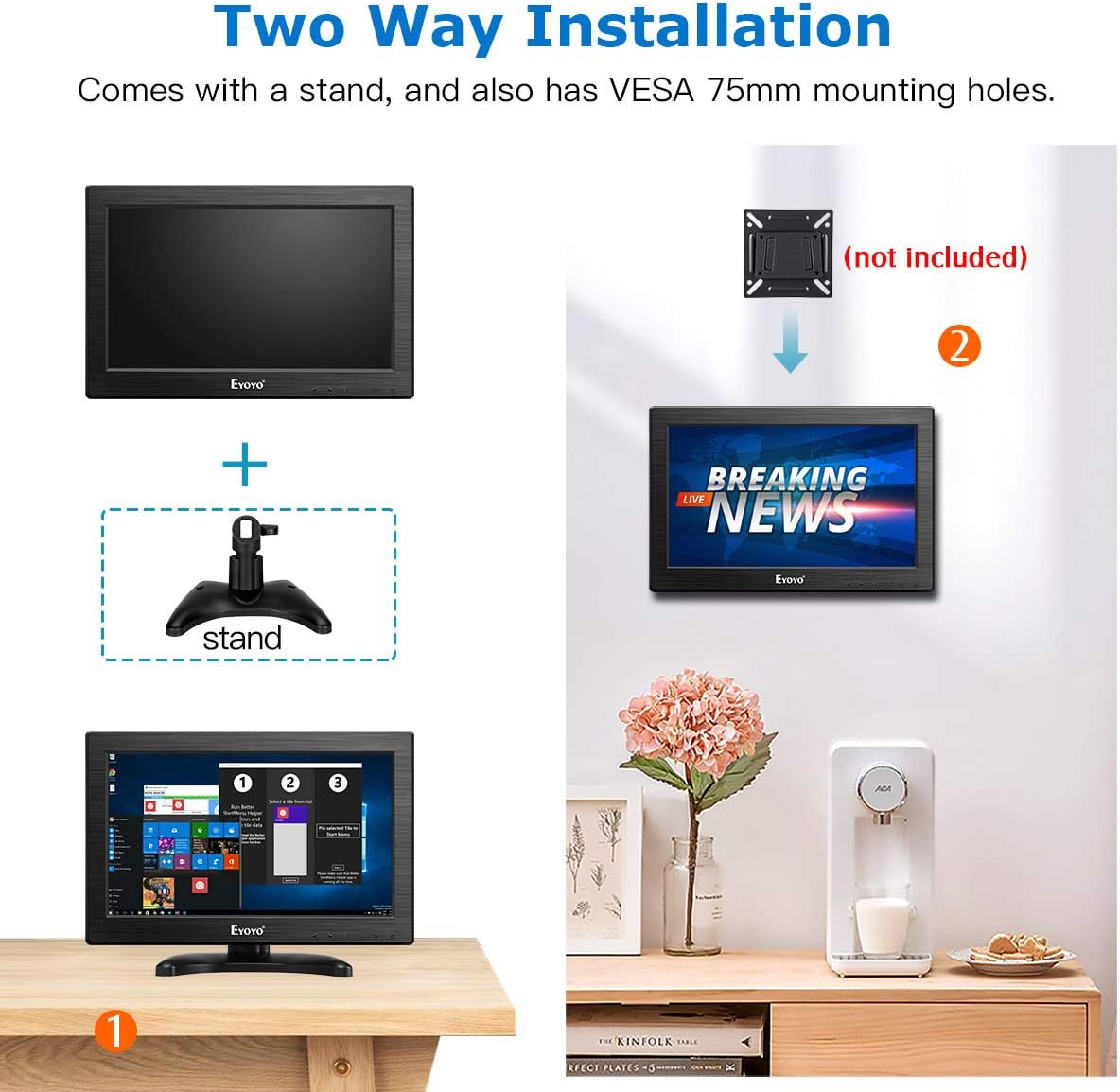 12" TFT LCD Monitor with AV HDMI BNC VGA Input 1366x768 Portable HD Display with Built-in Speaker H33730