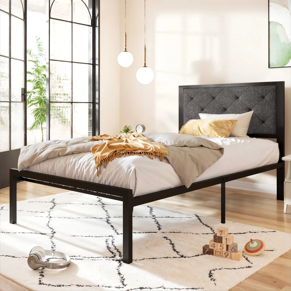 Twin Size Metal Platform Bed Frame with Fabric Headboard Y689